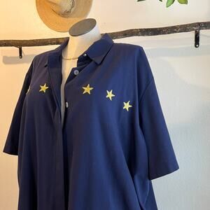Vintage 90s Blue Button Front Short Sleeve Star Embroidered Blouse Size 5X